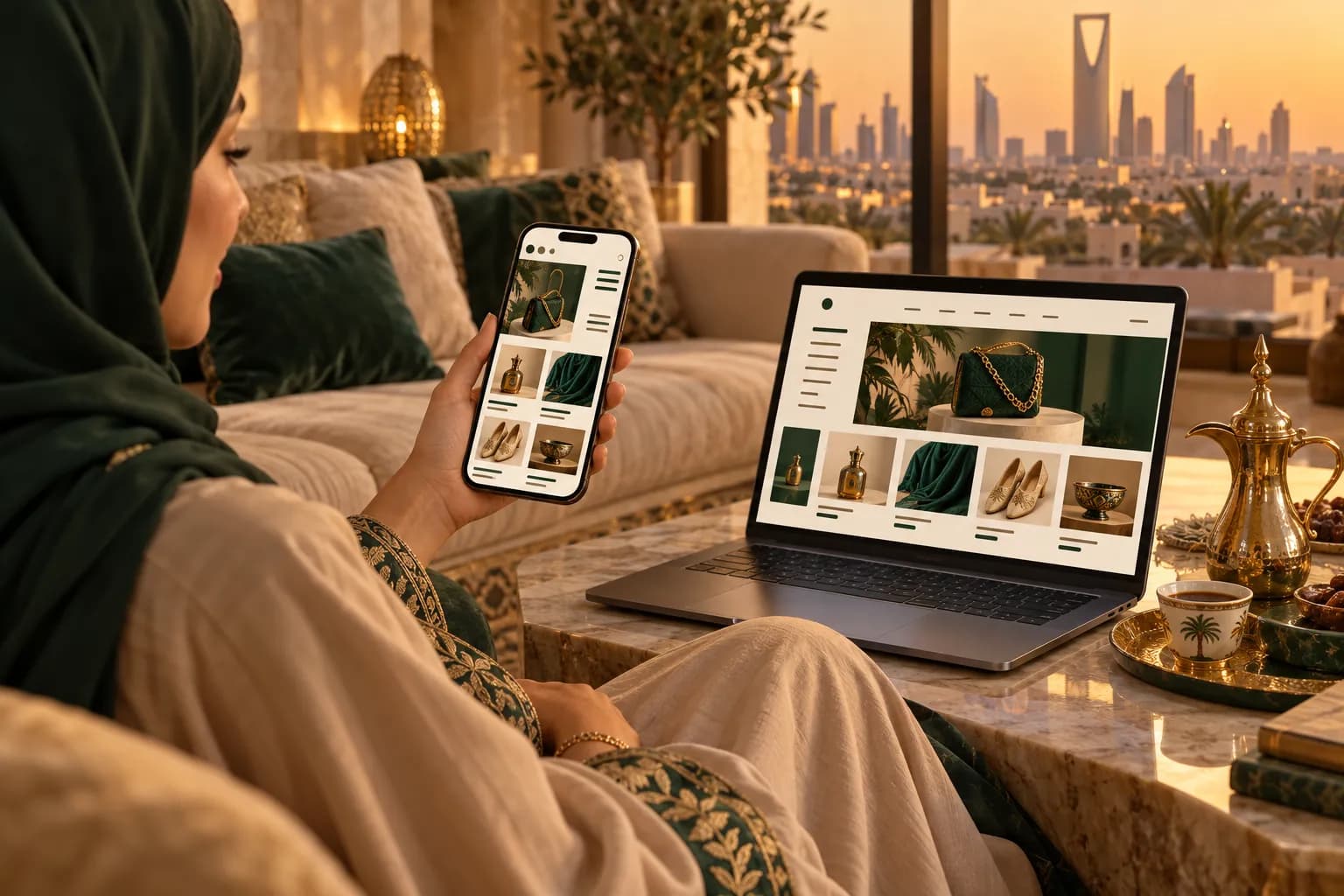 A Gulf shopper browsing an Arabic right-to-left online store on her phone while a laptop shows the same store in English