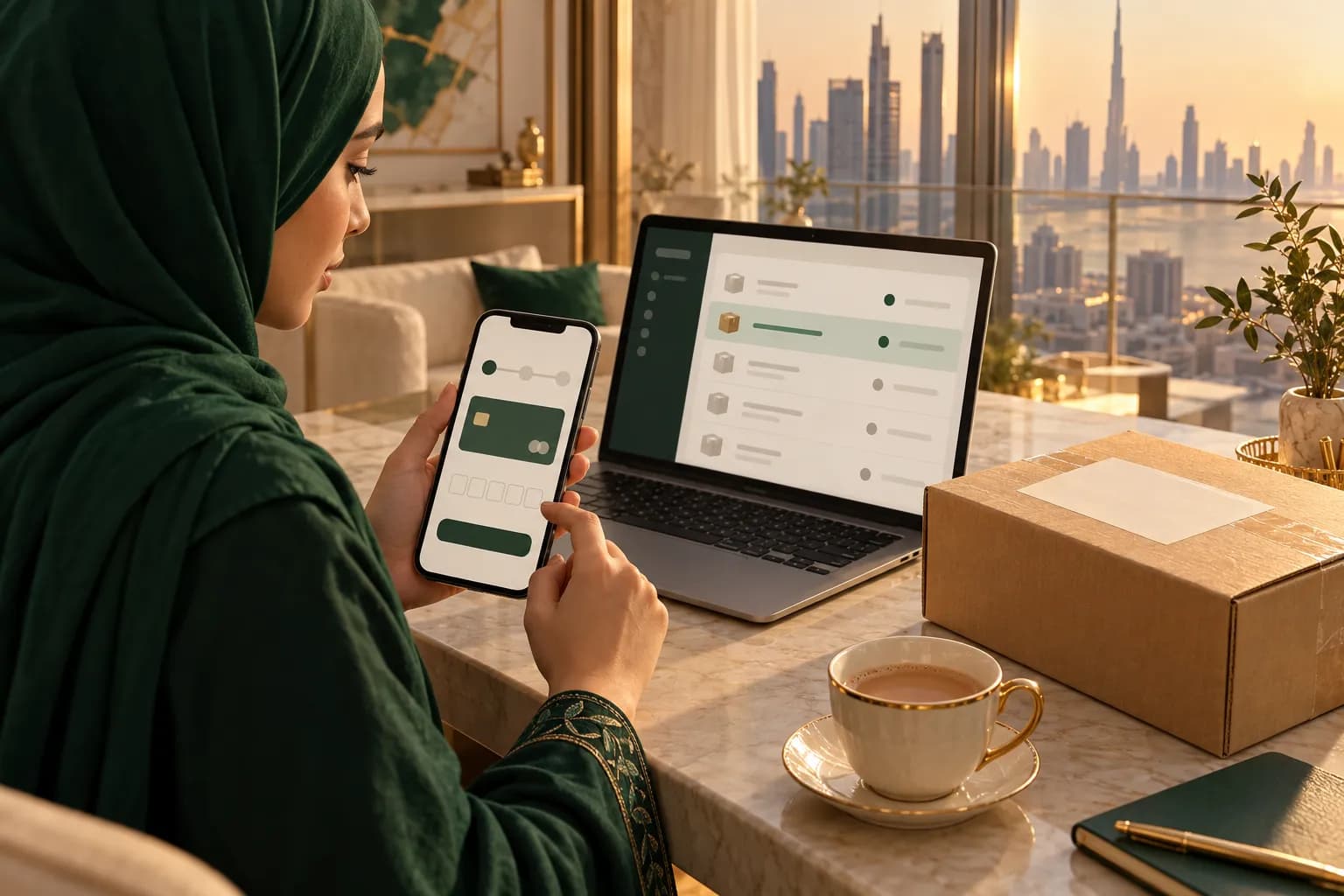 A Gulf store owner placing a test order on her phone while a laptop shows the order dashboard and a packed parcel waits on the desk
