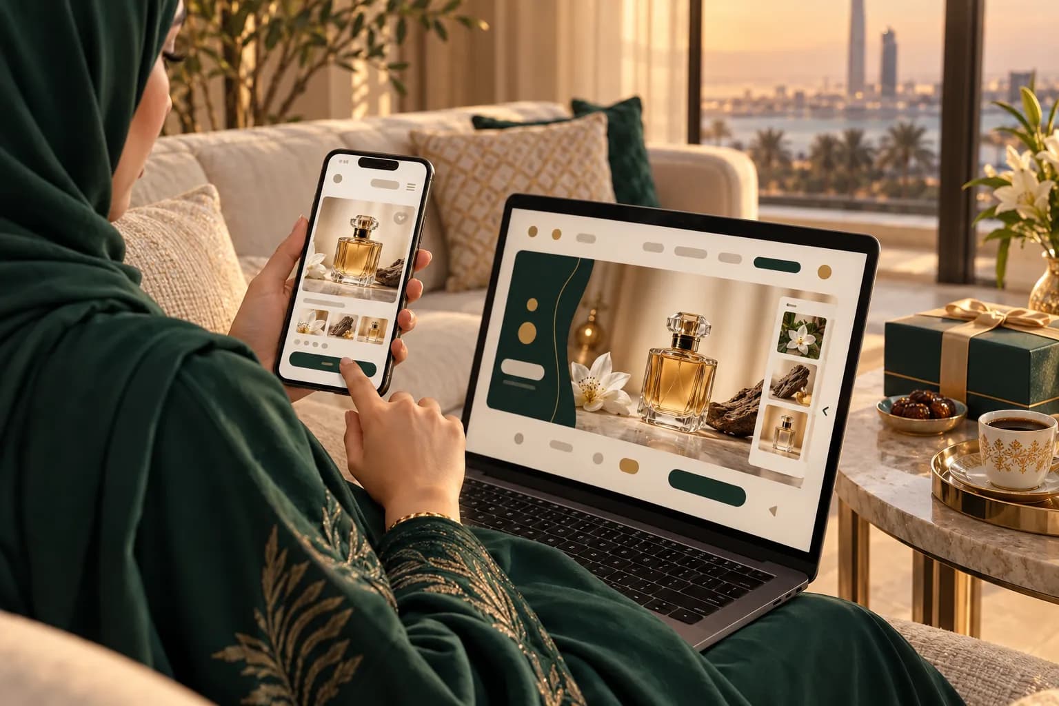 A Saudi shopper browsing an Arabic online store on her phone while a laptop shows the same right-to-left product page