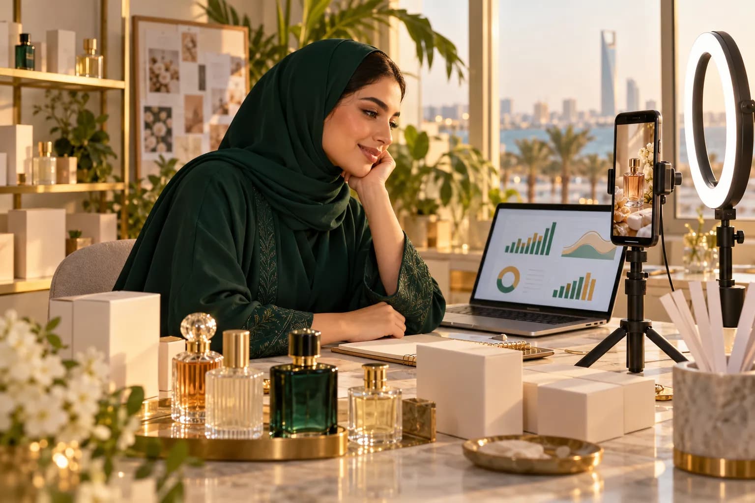 A young Saudi store owner in a bright Jeddah studio reviewing a vertical video ad on her phone, with product boxes and a ring light beside her
