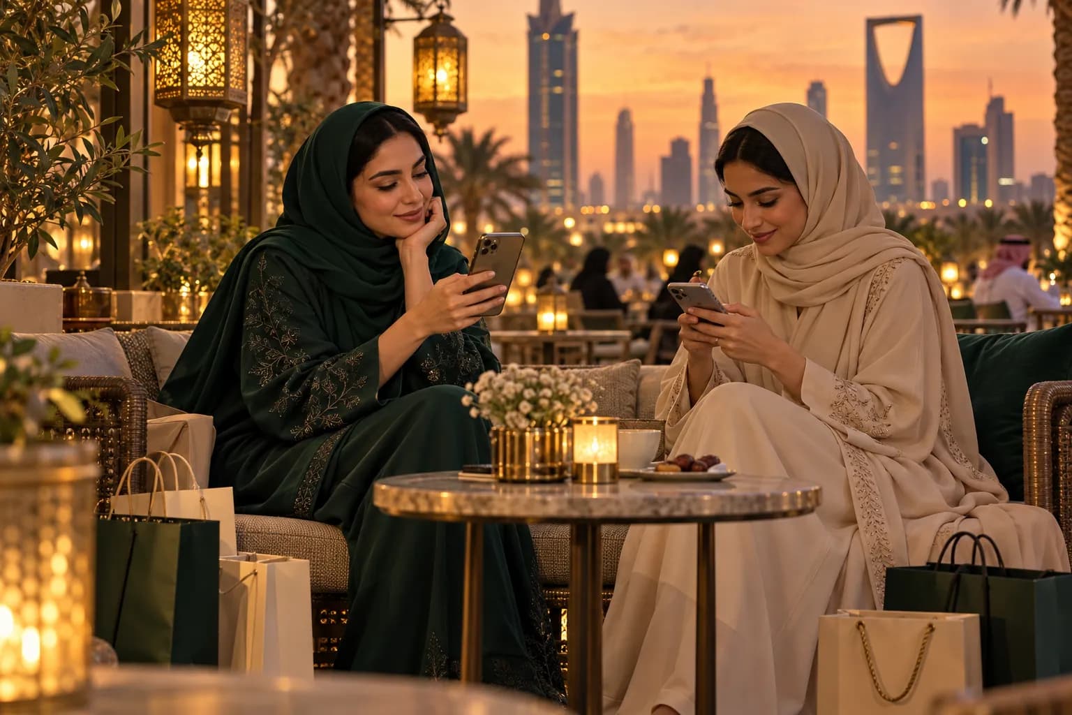 صديقتان خليجيتان شابتان في شرفة مقهى بالرياض وقت الغروب، تتصفحان فيديوهات قصيرة وتطبيق محادثة على جواليهما، وأكياس تسوق عند أقدامهما