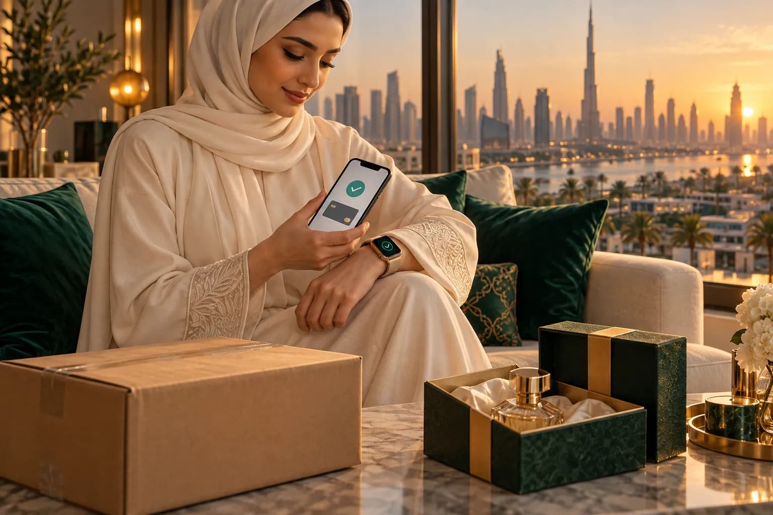 A Dubai shopper paying for an online order with a phone wallet while a parcel waits on the table