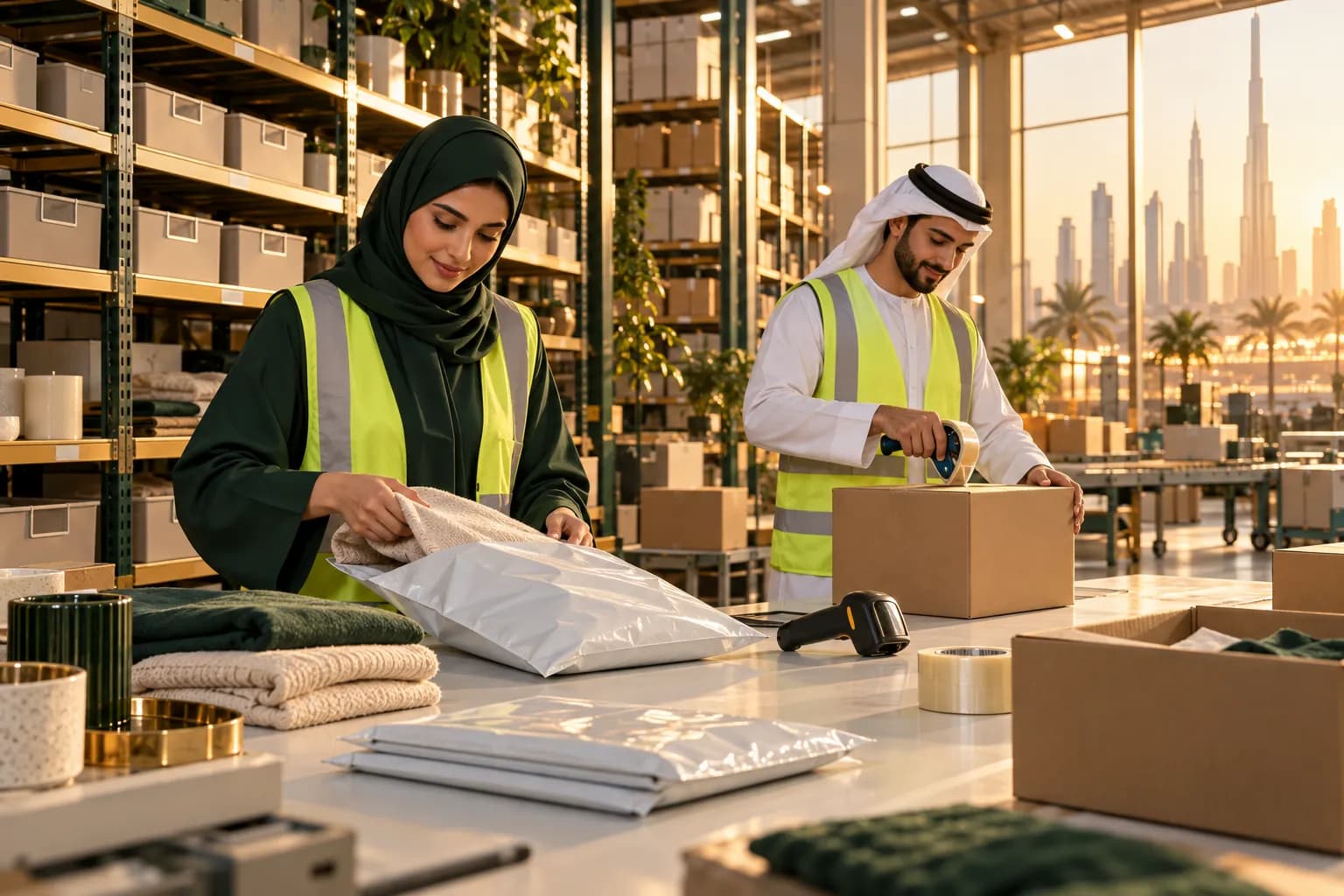 Workers packing fashion and home goods orders in a bright Dubai warehouse