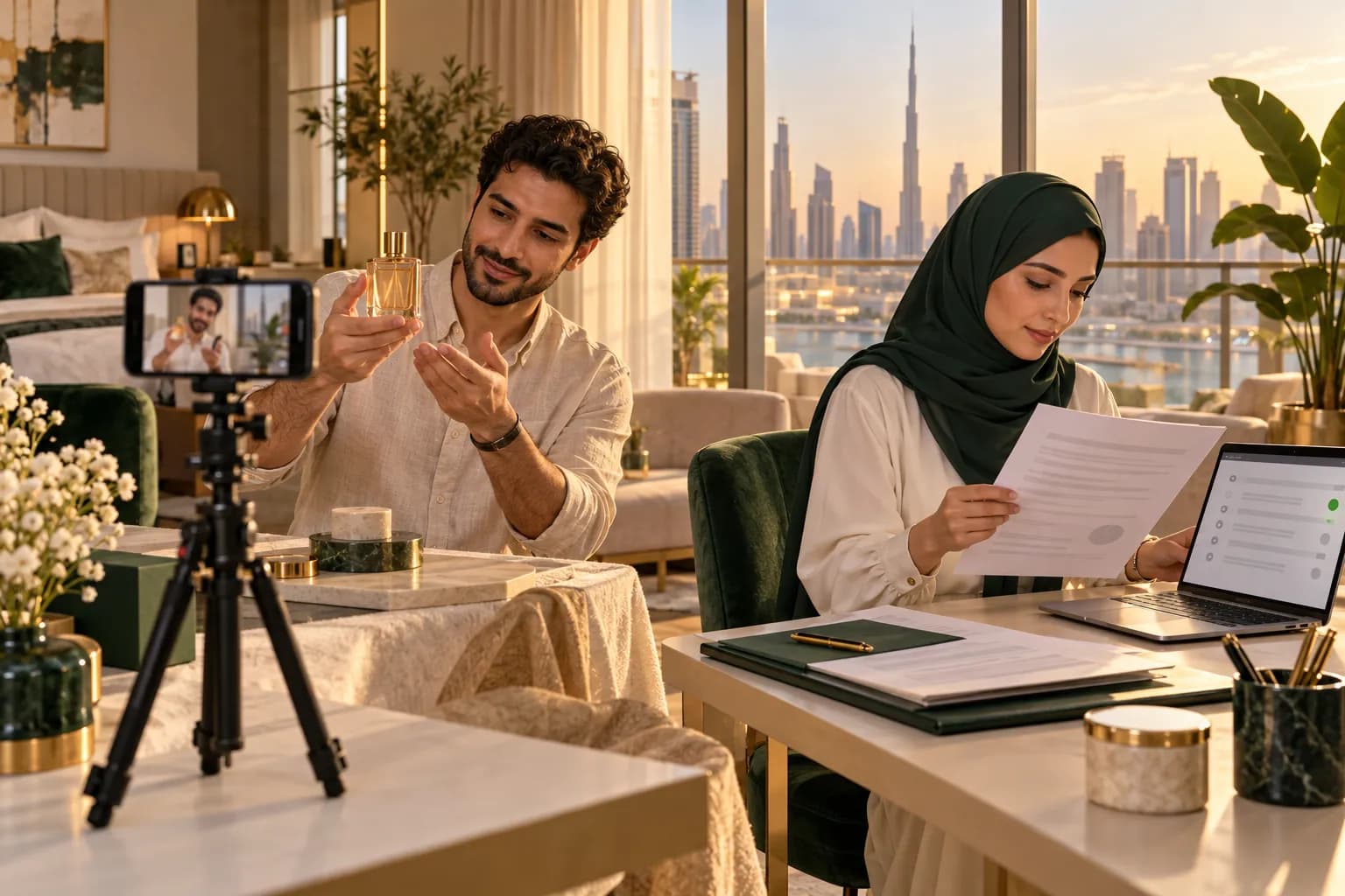 A Dubai content creator filming a product video on a phone on a tripod while a brand manager reviews a printed contract nearby