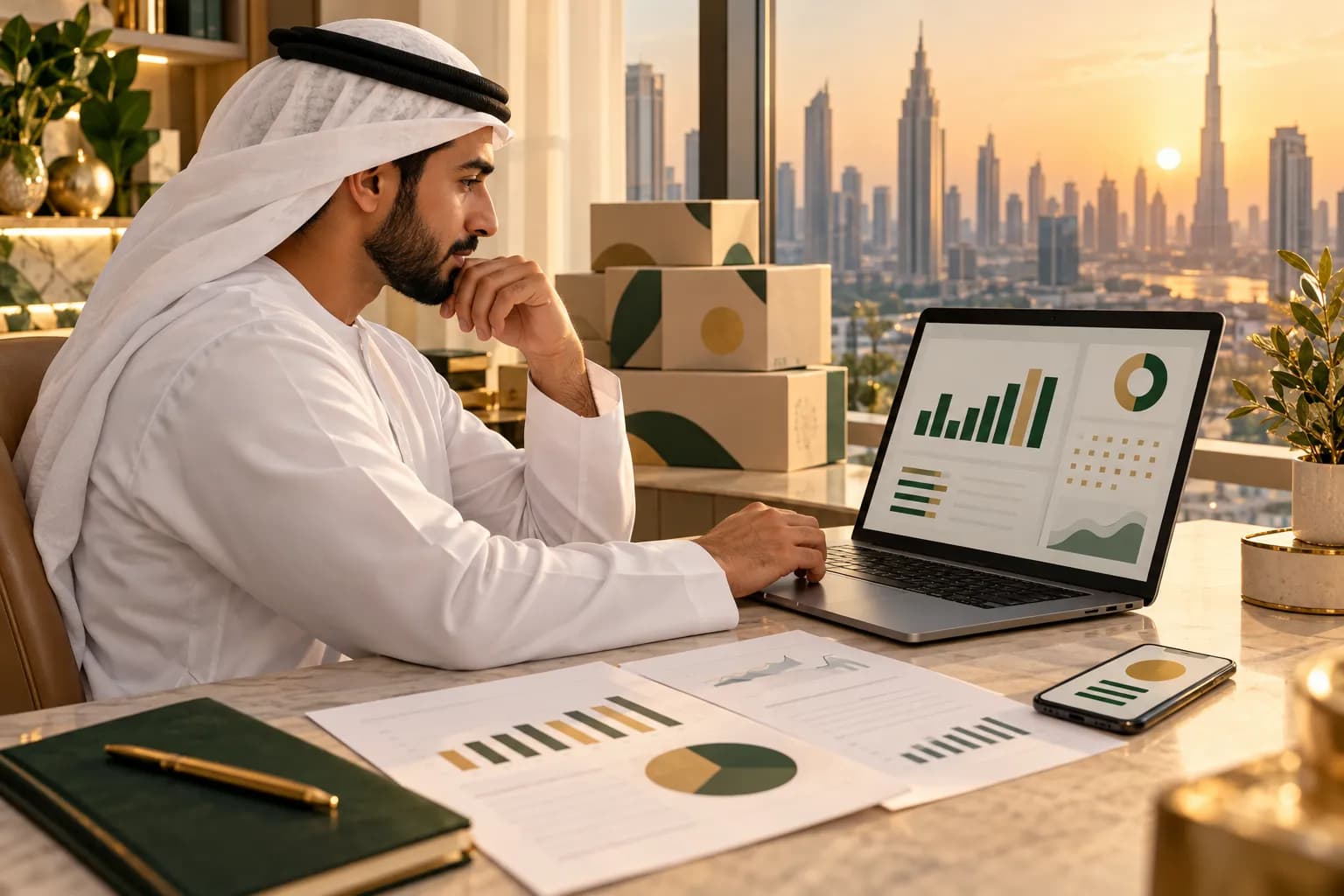 صاحب أعمال إماراتي يراجع لوحة ضريبية على حاسوبه في مكتب مشمس بدبي