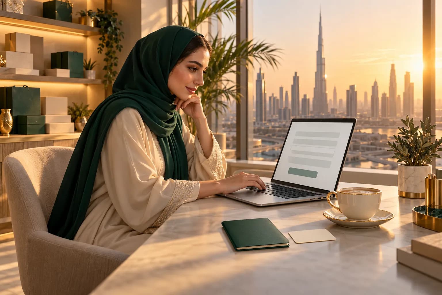 A young founder in a bright Dubai co-working space completing a business licence application on a laptop, with a passport and ID card on the desk