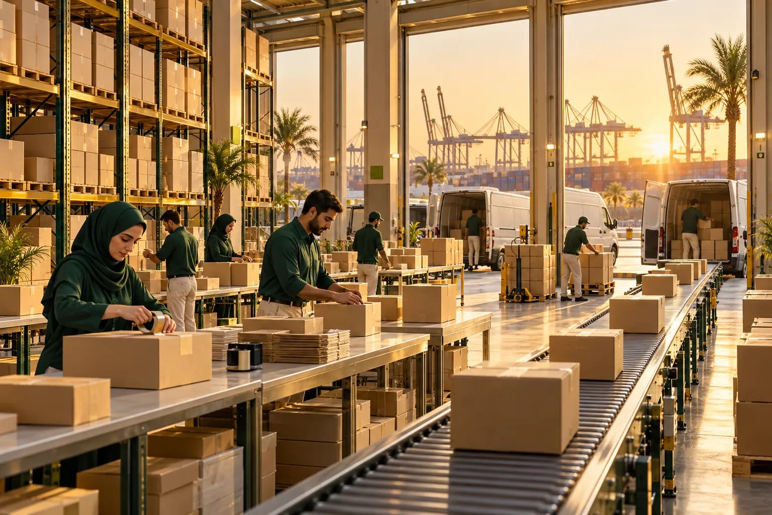 Staff packing online orders at a modern fulfilment warehouse in Jebel Ali, Dubai, with delivery vans at the loading bays
