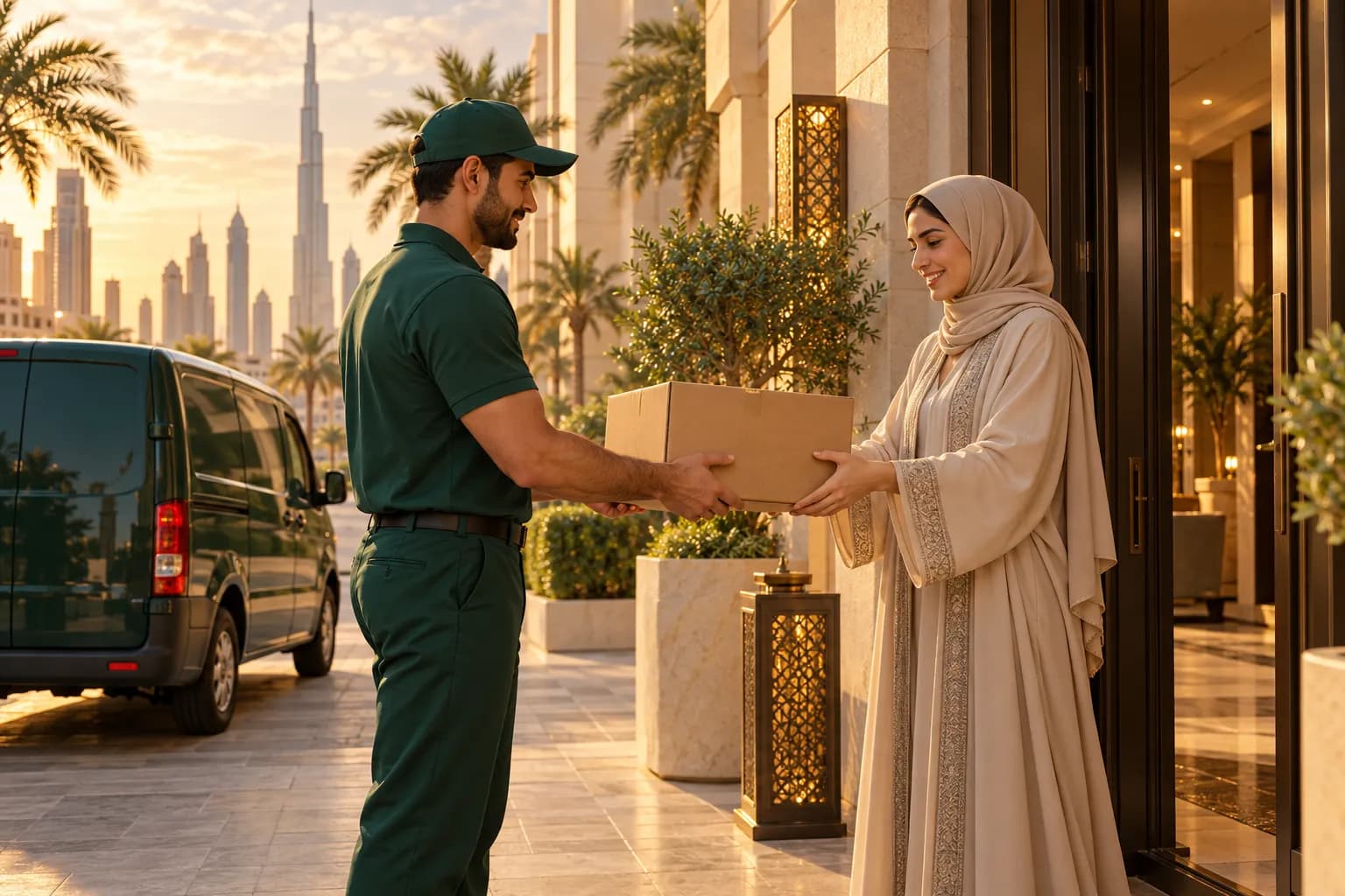 A courier hands a parcel to a smiling customer at the door of a modern Dubai apartment building at golden hour