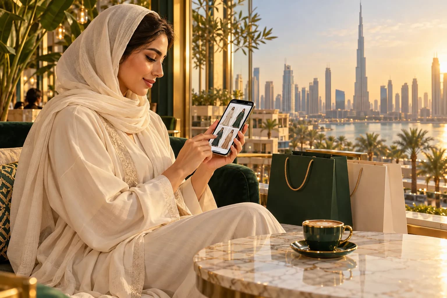 شابة في مقهى في دبي تتصفح متجر أزياء إلكترونياً على هاتفها، وبجانبها أكياس تسوق، وأفق المدينة يظهر من النافذة