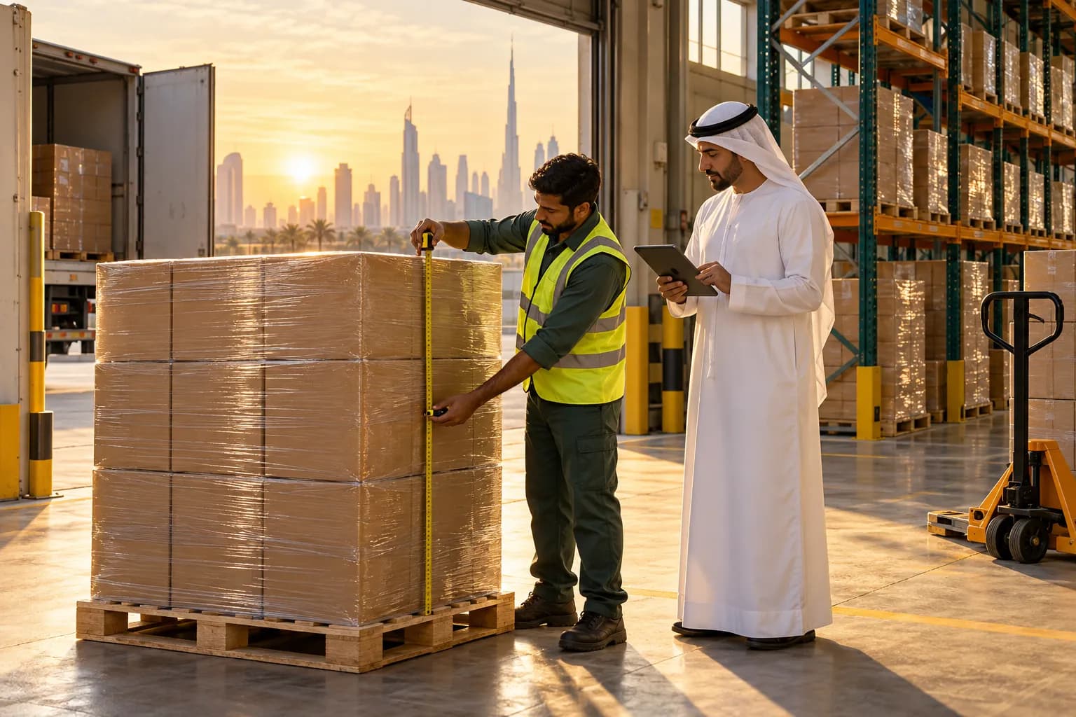 A warehouse worker measuring a shrink-wrapped pallet of cartons with a tape measure at a Dubai free-zone receiving dock, a colleague noting the size on a tablet