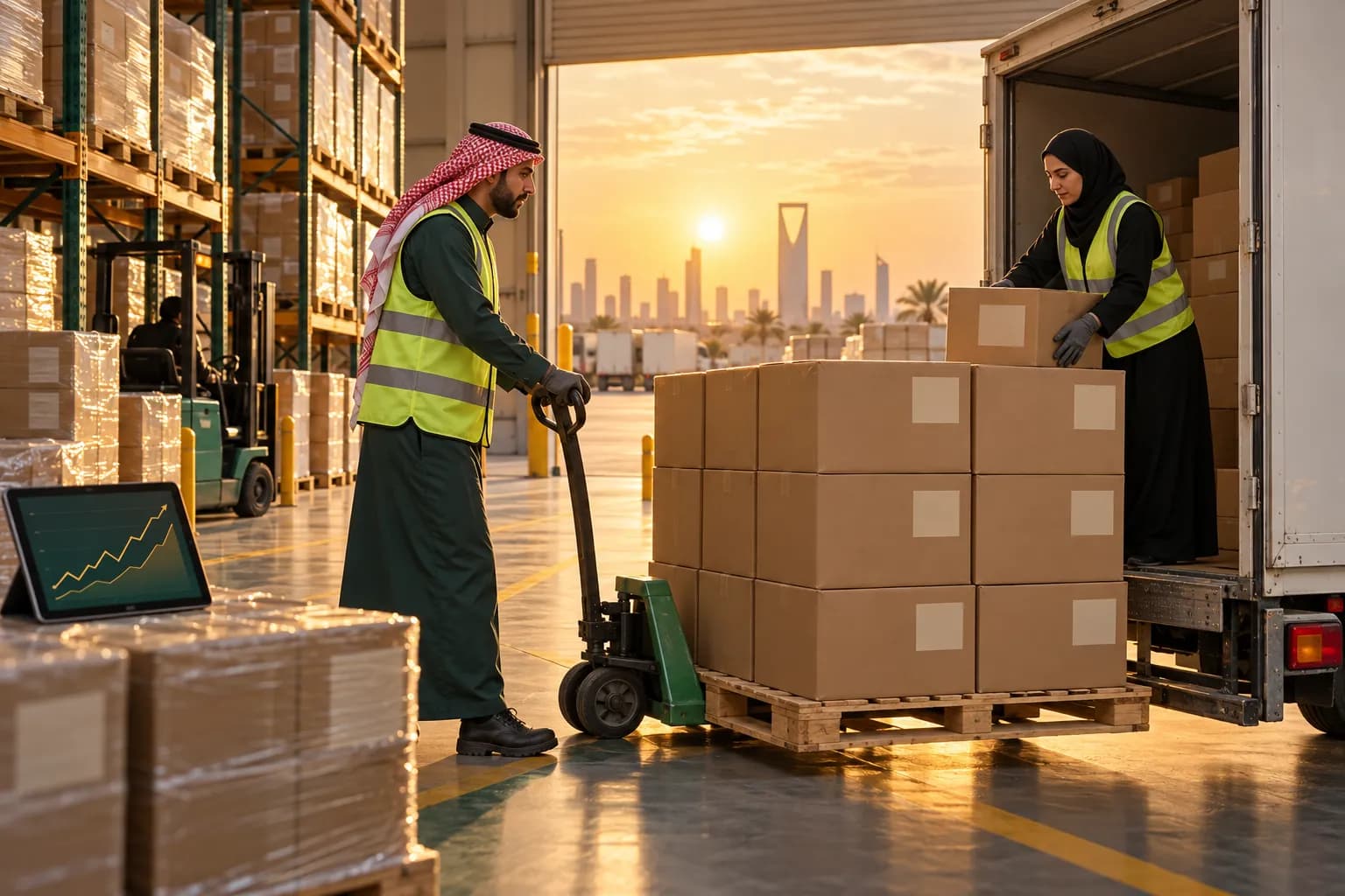Warehouse staff in a Riyadh loading bay loading a pallet of labelled cartons into a small truck for a weekly marketplace top-up, with tall racks of pallets behind them