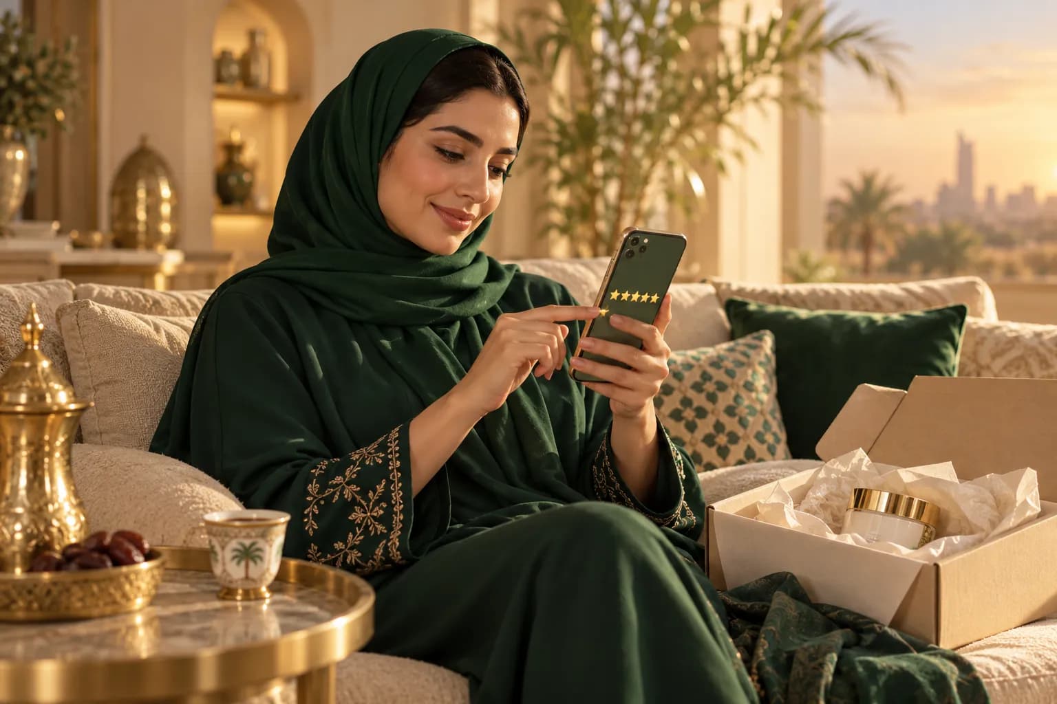 A young Saudi woman at home rating a just-delivered skincare order on her phone, with the open parcel on a sofa beside her