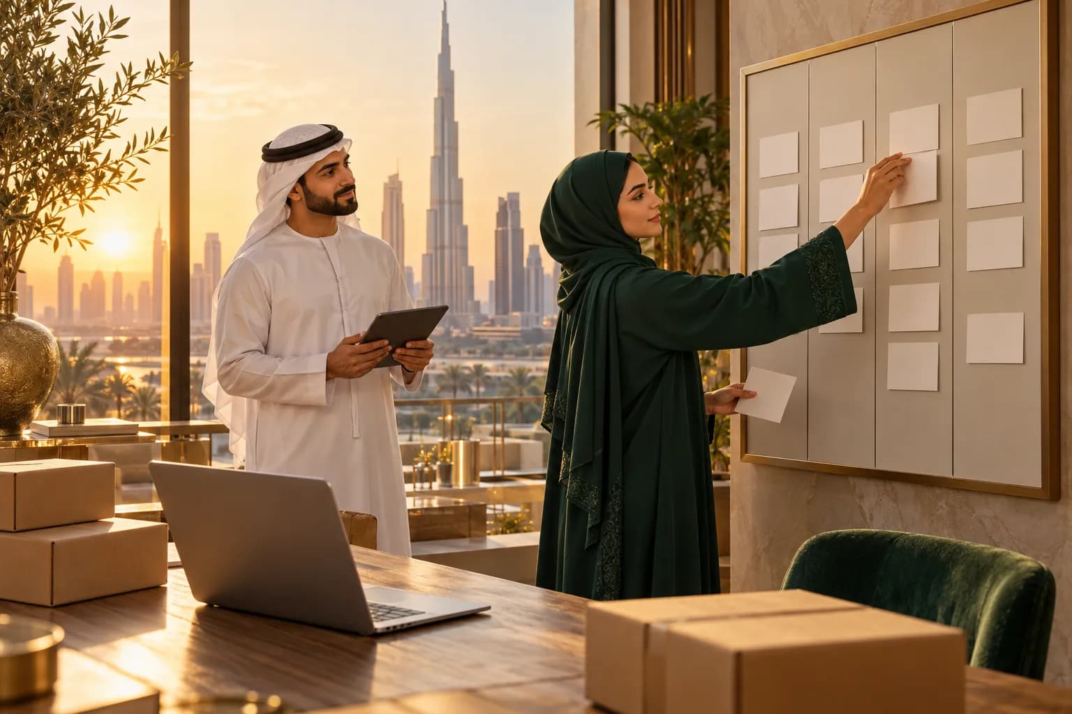A founder in a Dubai office planning her partners on a wall board with four columns of blank cards