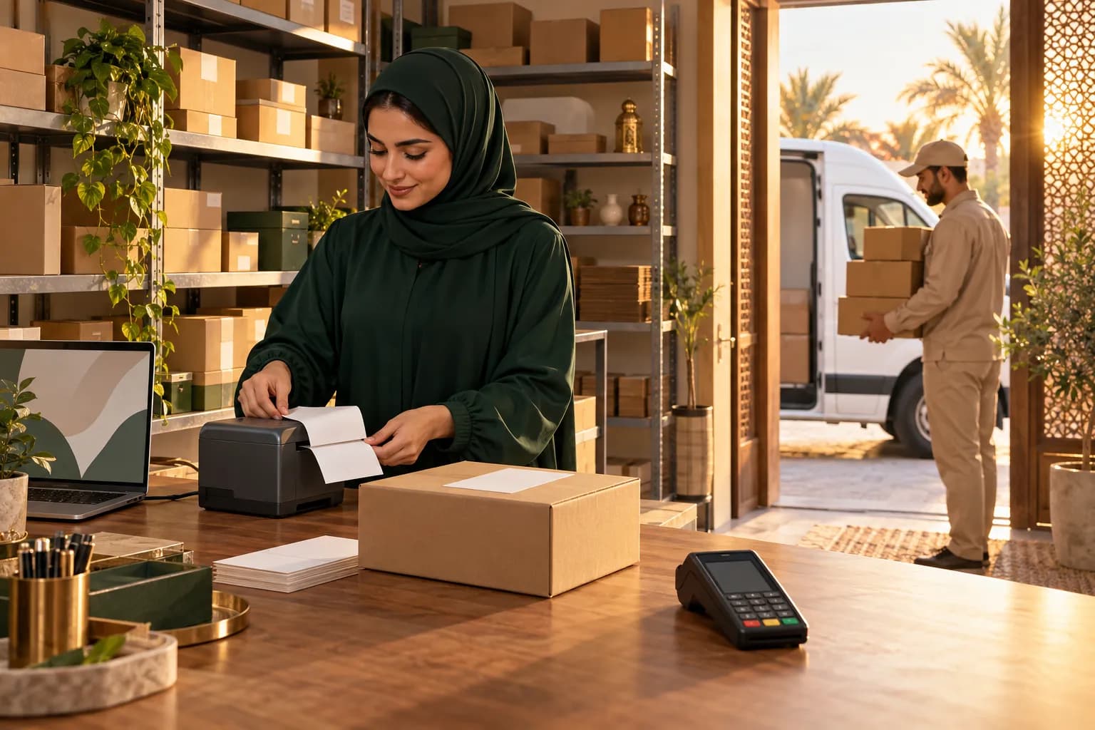 A small Saudi business owner printing shipping labels from a laptop beside packed parcels, with a courier collecting boxes at the door