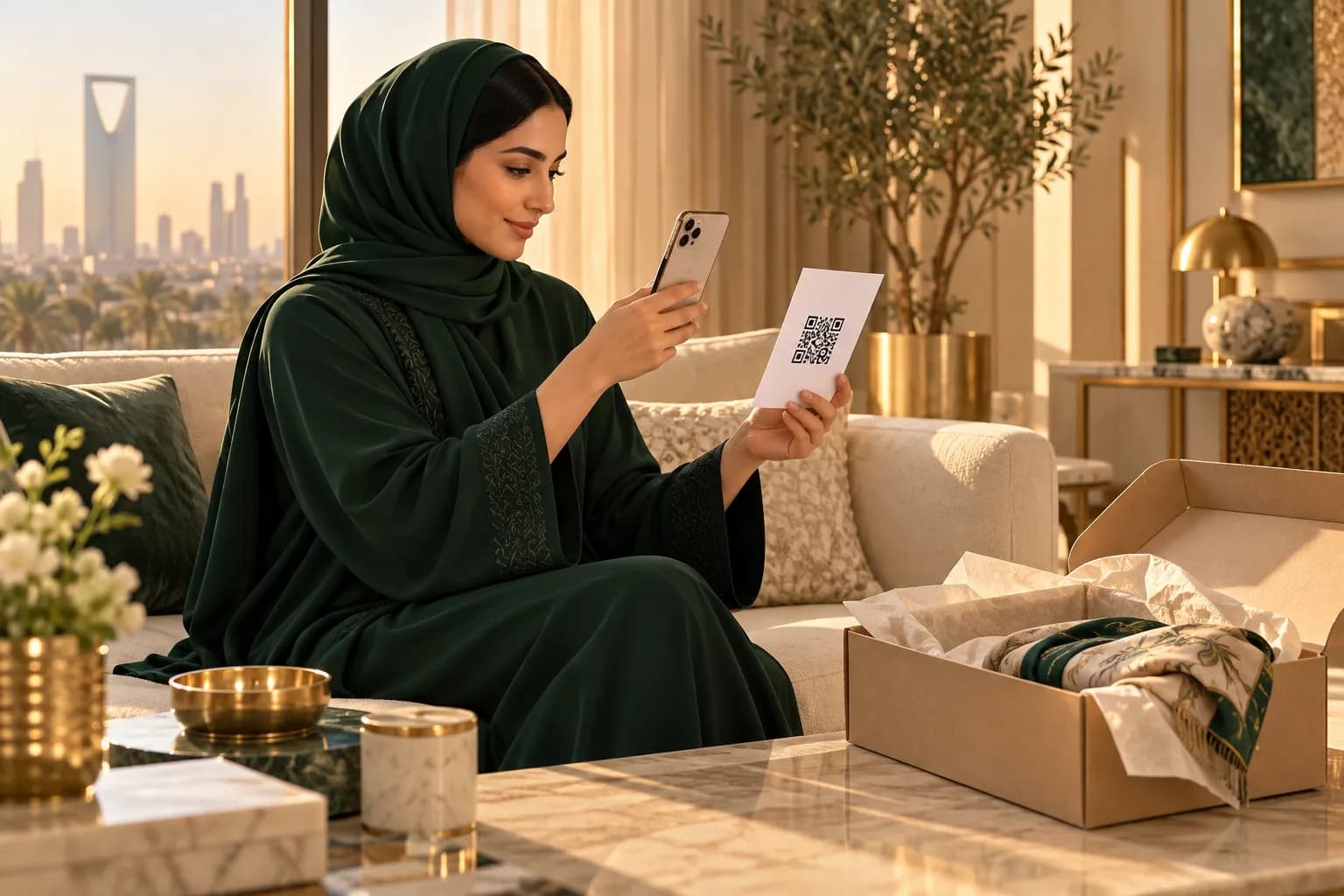 A Saudi shopper at home scanning the QR code on a printed order receipt with her phone, an open parcel beside her