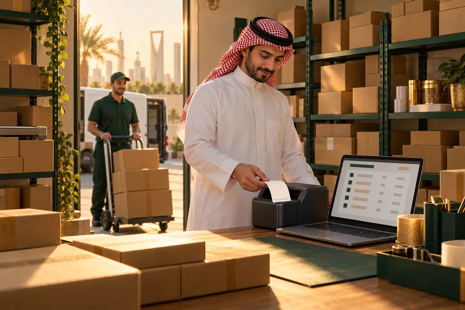 A Saudi shop owner printing shipping labels beside packed parcels in a small Riyadh stockroom