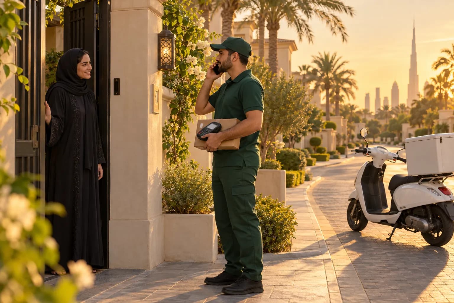 A courier at a Dubai villa gate holding a small parcel and a card terminal while calling the shopper, as a woman in an abaya opens the gate