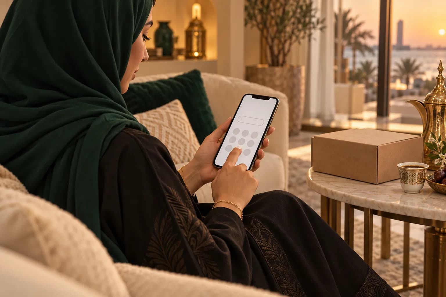 A Saudi shopper typing a phone number into an Arabic checkout form on her smartphone