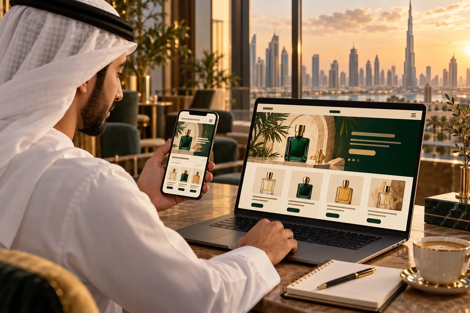 A designer in Dubai comparing a right-to-left Arabic store layout on a laptop and a smartphone side by side