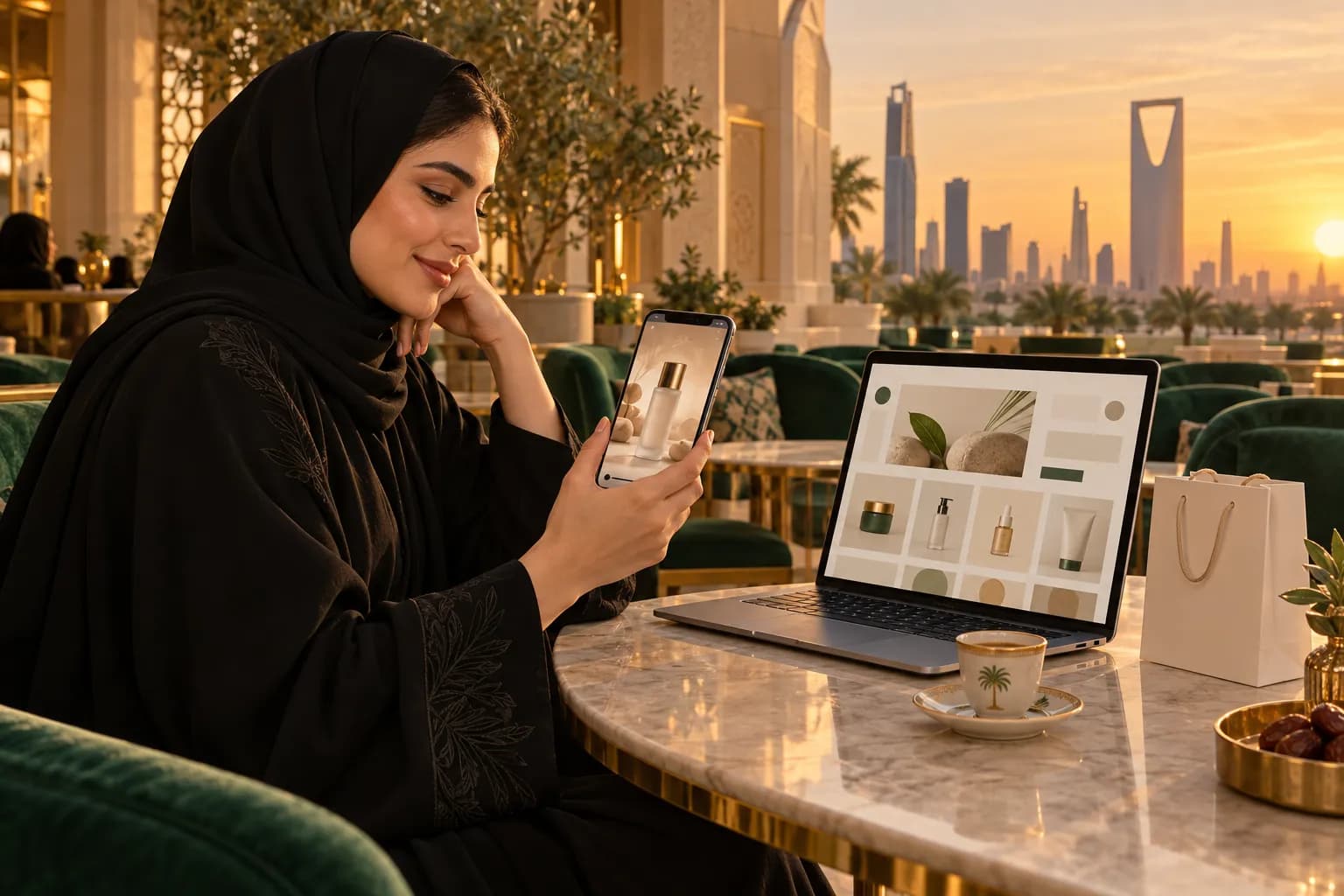 A young Saudi woman in a modest abaya browsing products on her phone in a Riyadh café