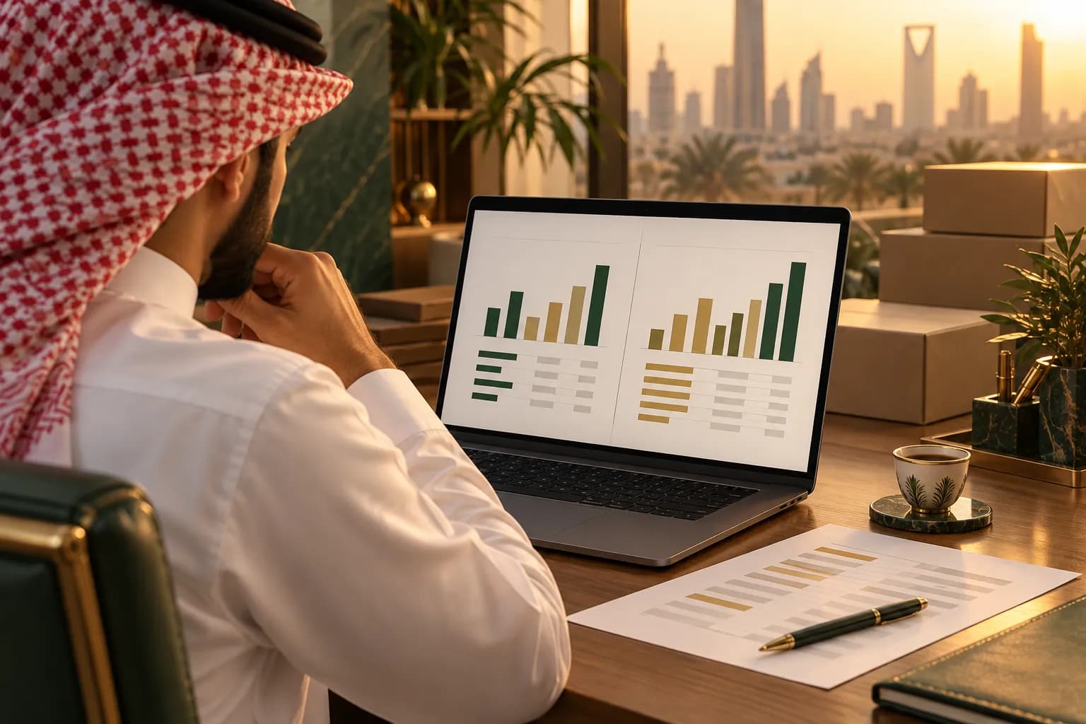 A Saudi store owner comparing BNPL fee statements on a laptop in a small Riyadh office