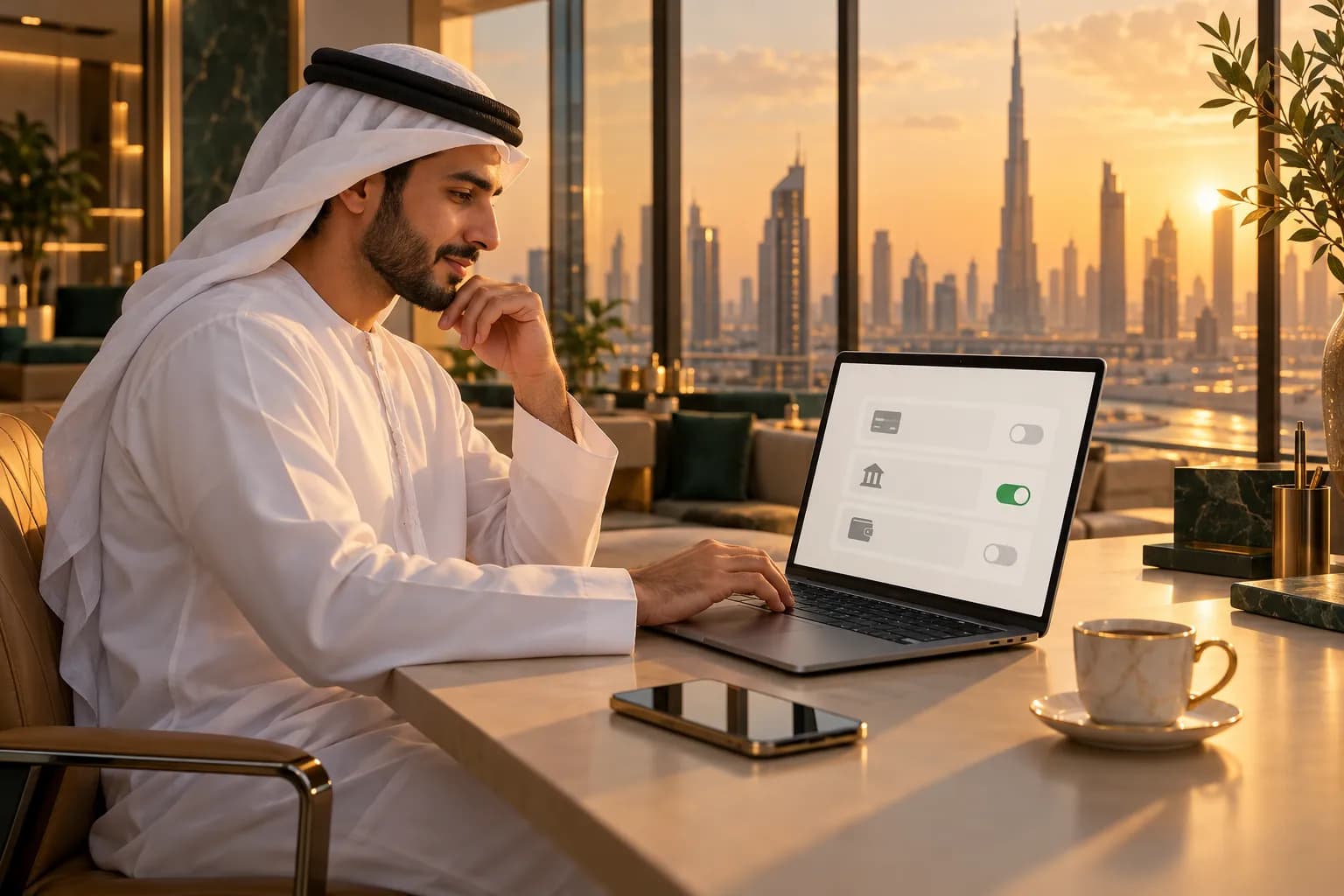 مؤسس إماراتي شاب في مكتب بمنطقة حرة في دبي يفعّل الدفع بالتقسيط من لوحة بوابة الدفع على حاسوب محمول