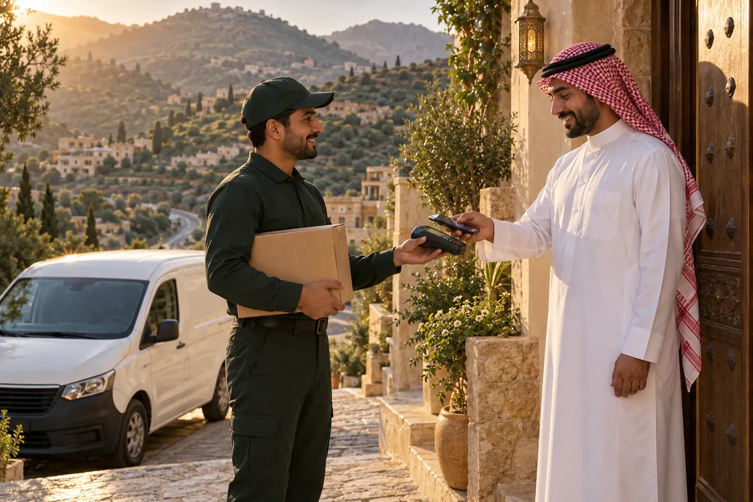 مندوب توصيل يقدّم جهاز دفع لمتسوق سعودي يدفع بهاتفه عند باب منزله في أبها