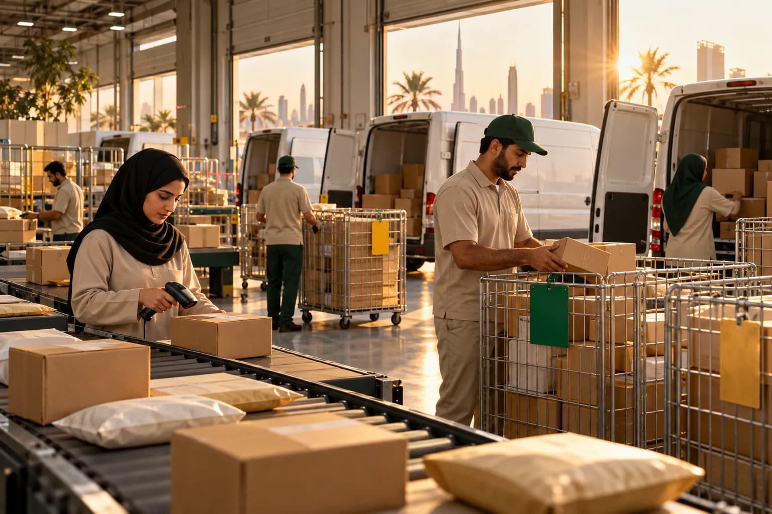 Courier staff sorting parcels into delivery cages at a Dubai logistics hub with vans loading outside