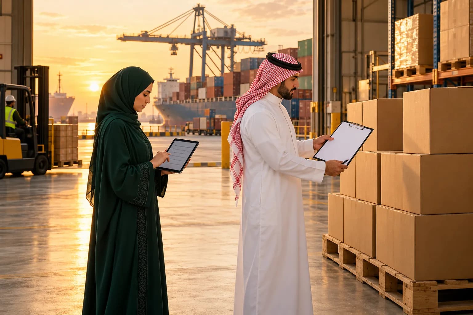مخلص جمركي يطابق الفاتورة التجارية وقائمة التعبئة مع كراتين على منصة في مستودع بميناء جدة