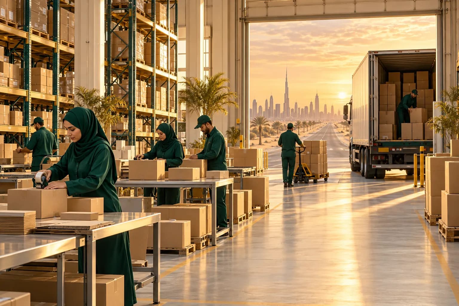 عمال يغلّفون الطرود في مستودع تجهيز طلبات بمنطقة حرة في دبي، وشاحنة توصيل تُحمَّل للطريق الصحراوي