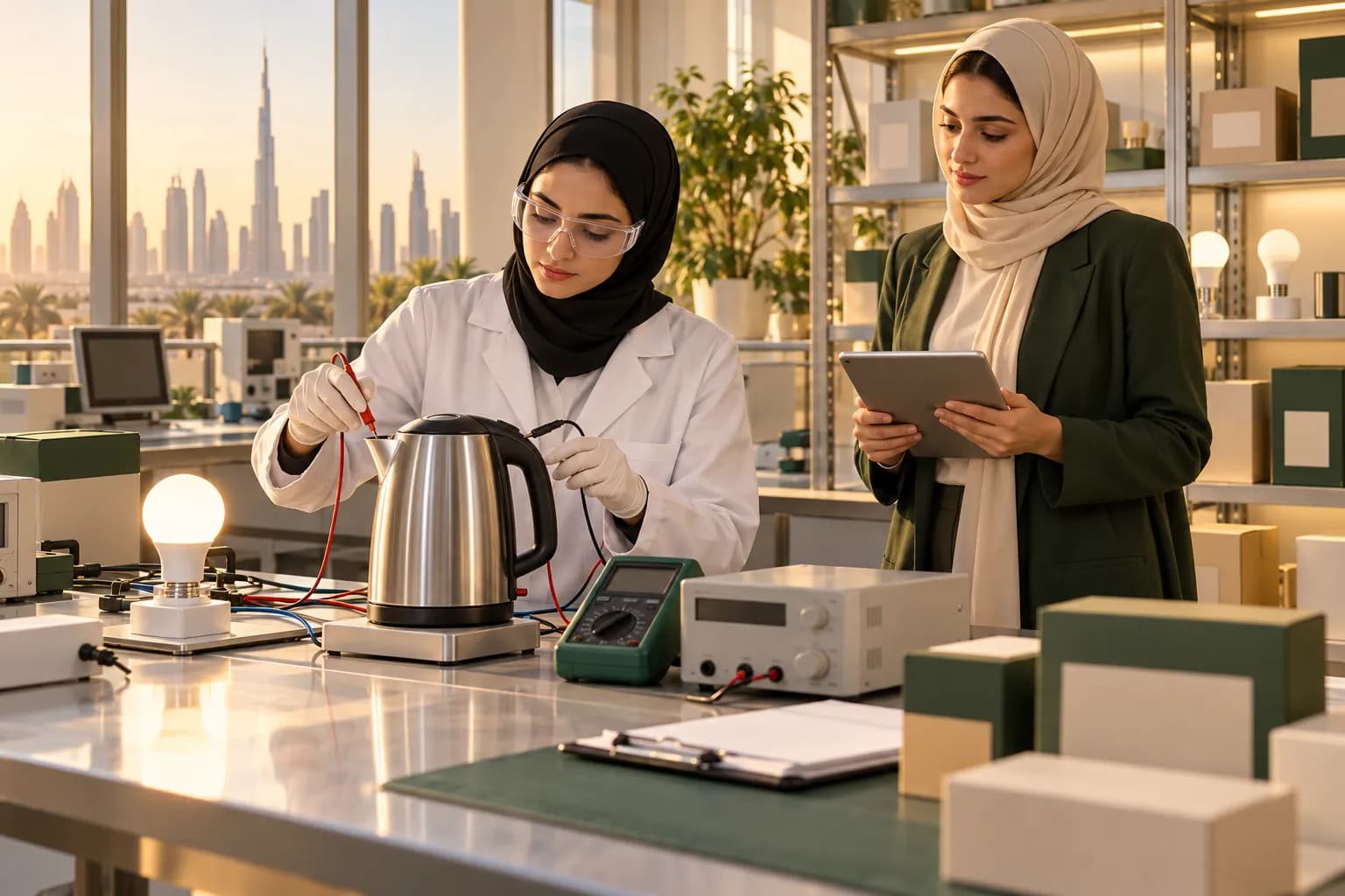 فني في مختبر اختبار حديث في دبي يفحص غلاية كهربائية ومصباح LED على طاولة الاختبار، وبجانبه بائعة تراجع المستندات على جهاز لوحي