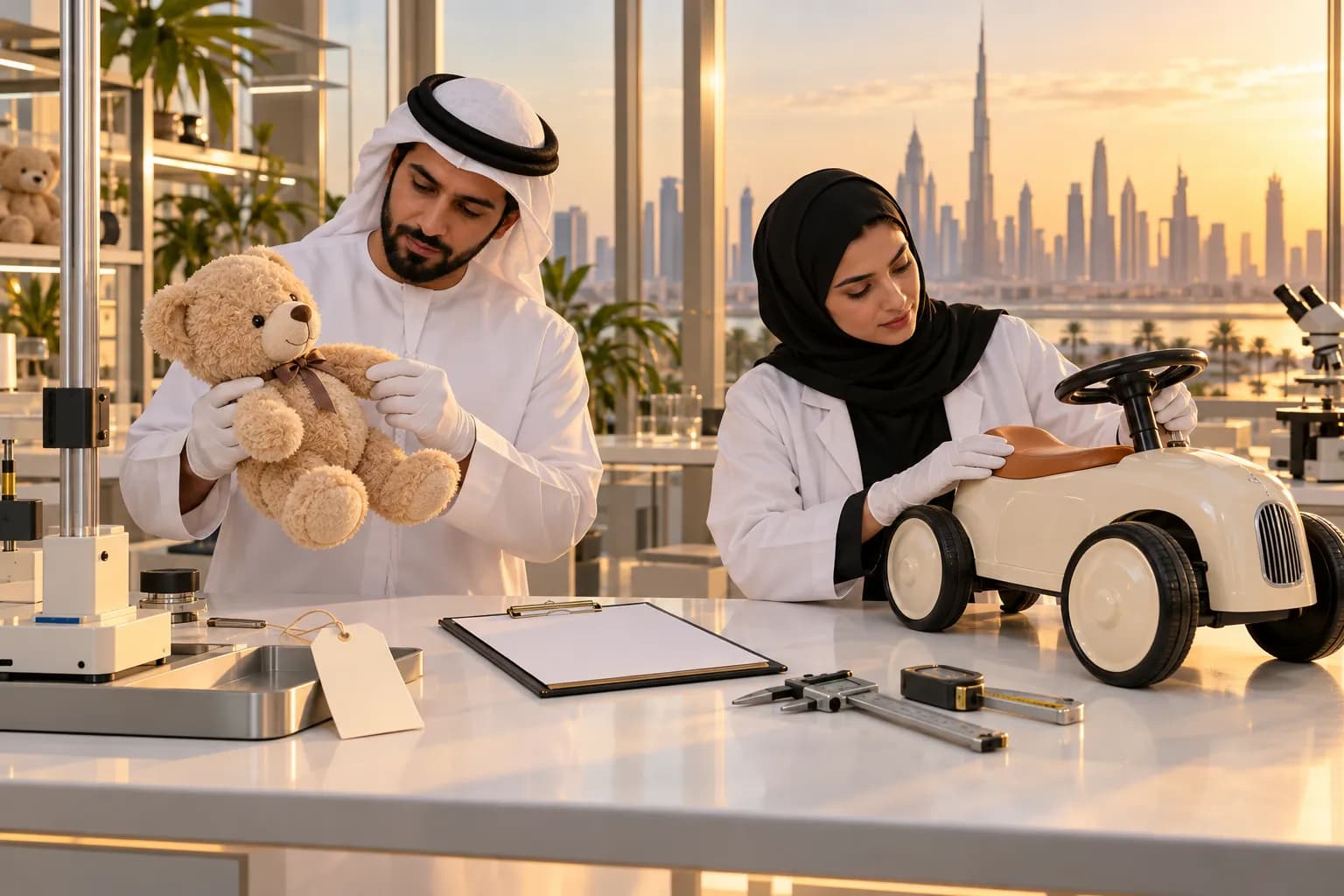 مهندس مختبر إماراتي وفنية يفحصان دبدوبًا محشوًا وسيارة ركوب صغيرة على طاولة فحص في مختبر بدبي