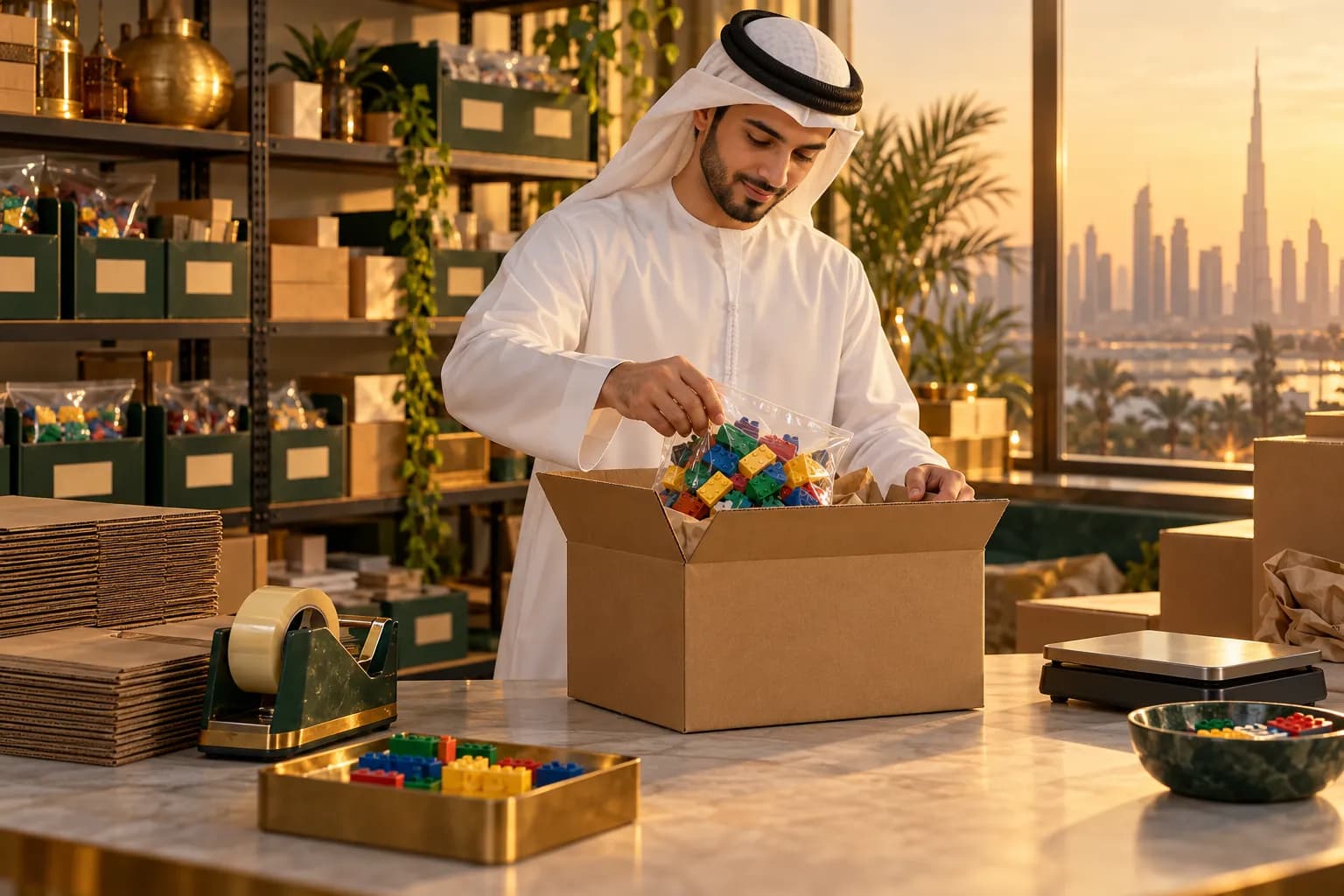 A young Emirati man in a white kandura packing a toy building-block set into a plain cardboard box at a tidy packing table in Dubai