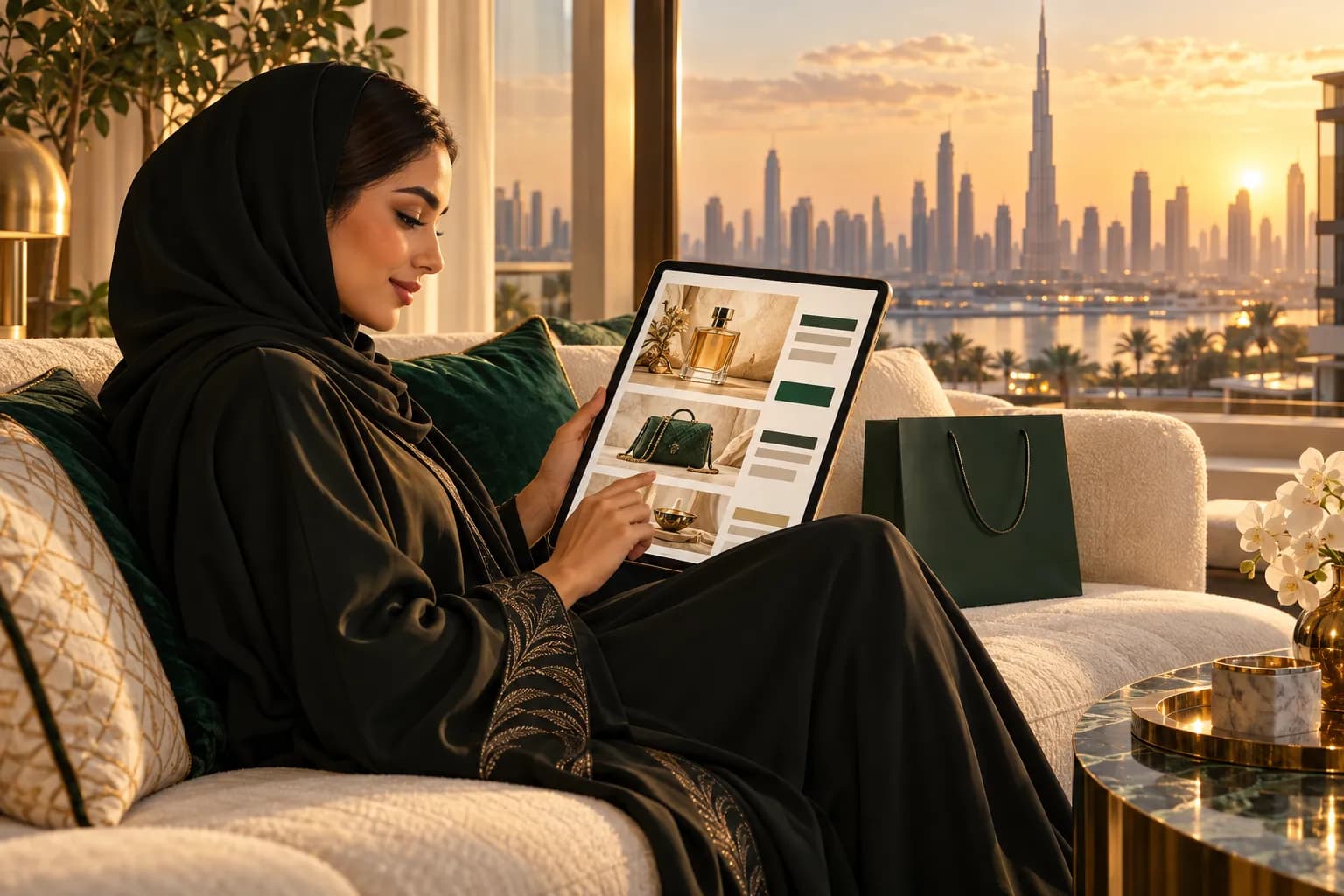 A young Emirati woman in a Dubai apartment reading a right-to-left Arabic promotional email with product photos on her tablet