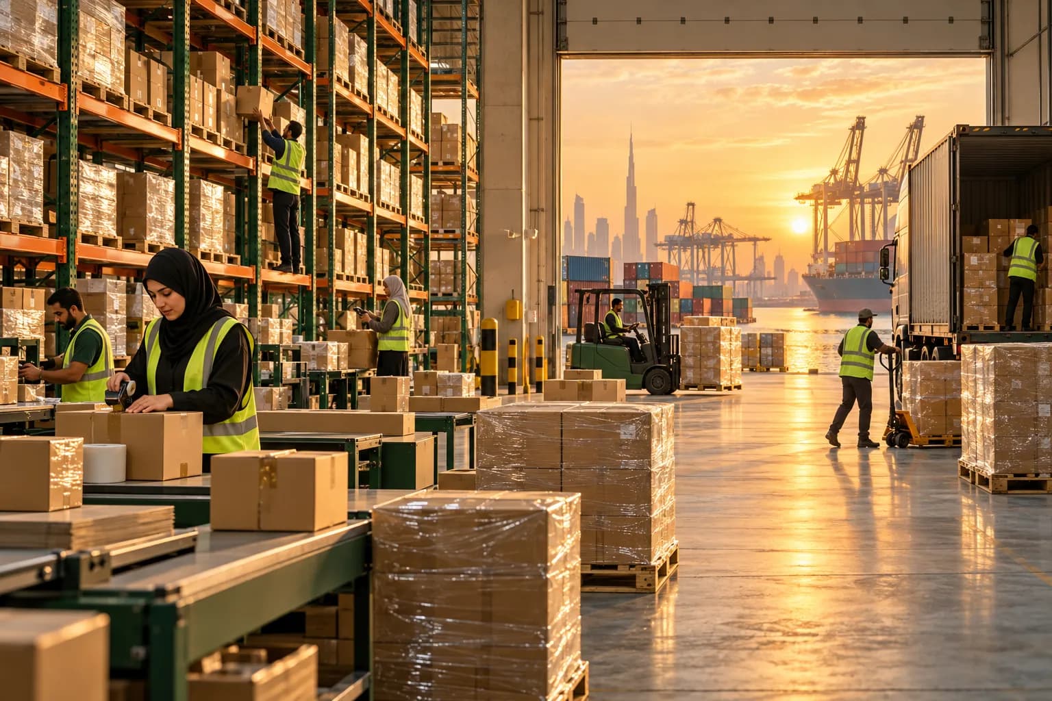 عمال يلتقطون المنتجات ويغلّفون الطلبات على رفوف عالية داخل مستودع واسع في منطقة حرة قرب جبل علي، مع كراتين على منصات نقالة وباب تحميل مفتوح على ضوء المساء الذهبي