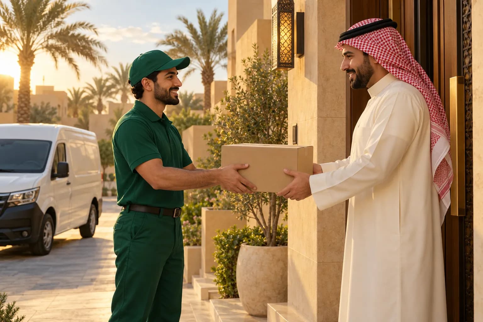 A delivery rider handing a parcel to a smiling shopper at the door of a Riyadh villa at golden hour