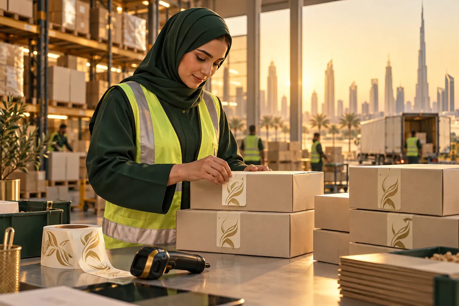 A warehouse worker in a Dubai fulfilment centre applying bilingual Arabic stickers to neatly stacked product boxes on a clean packing table