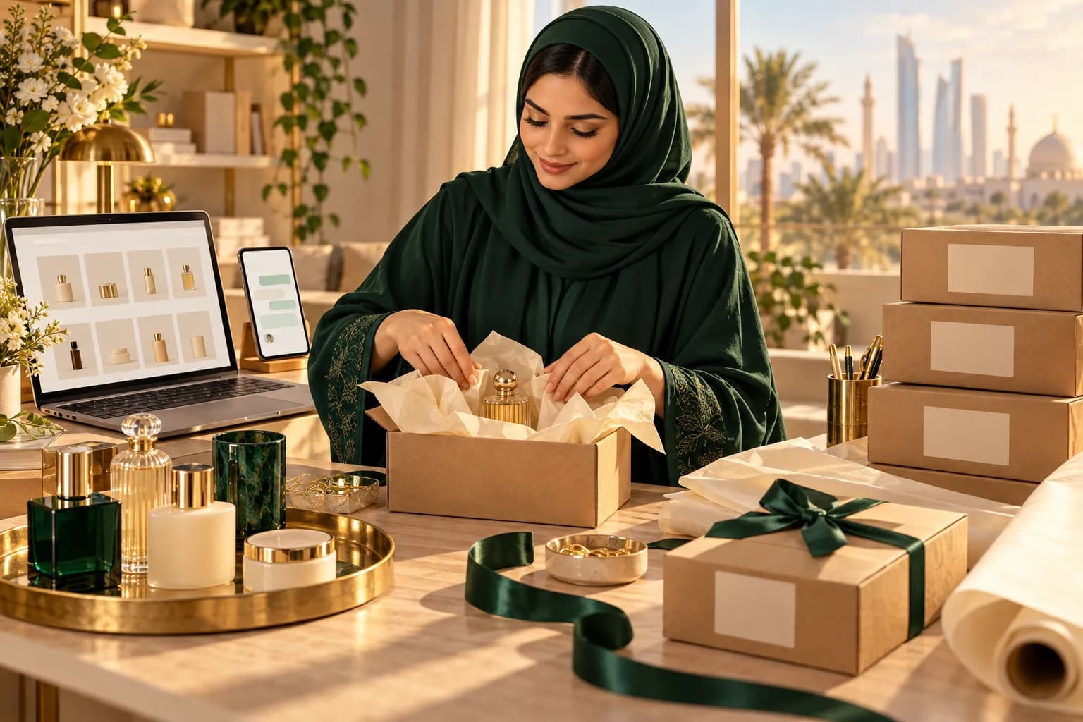 امرأة خليجية شابة بعباءة محتشمة تجهّز طلبات عطور ومستحضرات تجميل في طرود صغيرة في مساحة عمل منزلية مشرقة، وأمامها حاسوب يعرض متجرًا إلكترونيًا