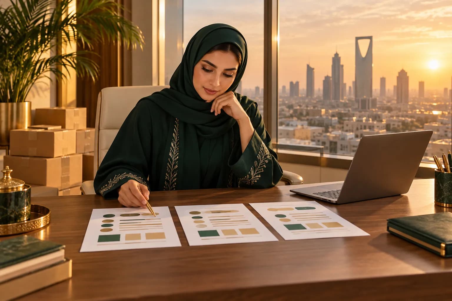 A Gulf seller at a desk comparing three printed service quotes beside a laptop
