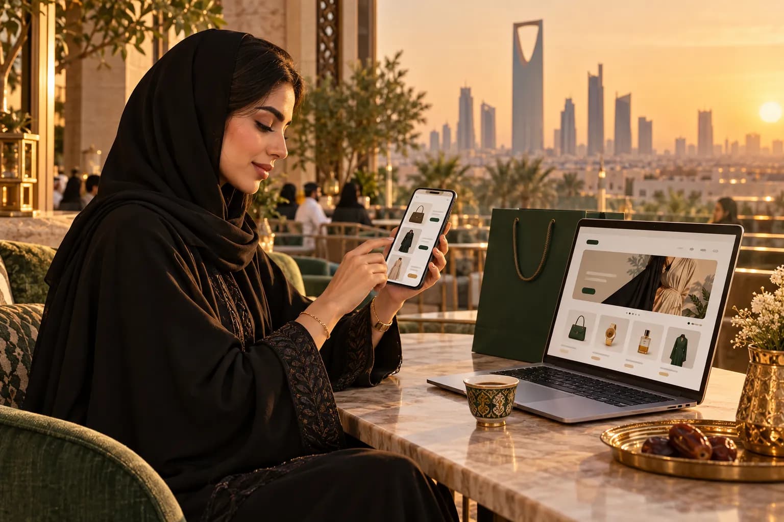 شابة سعودية في مقهى بالرياض تقارن صور المنتجات وأسعارها على جوالها، وبجانبها حاسوب يعرض متجراً إلكترونياً عربياً
