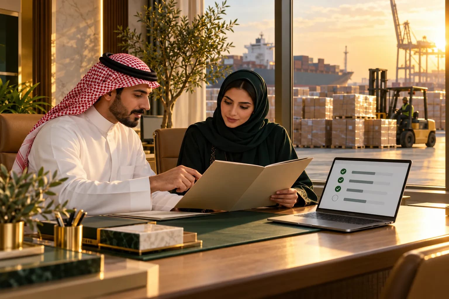 مخلّص جمركي ومستوردة يراجعان ملف مستندات شحنة وجهاز لابتوب بجانب كراتين على منصات في مستودع ميناء سعودي