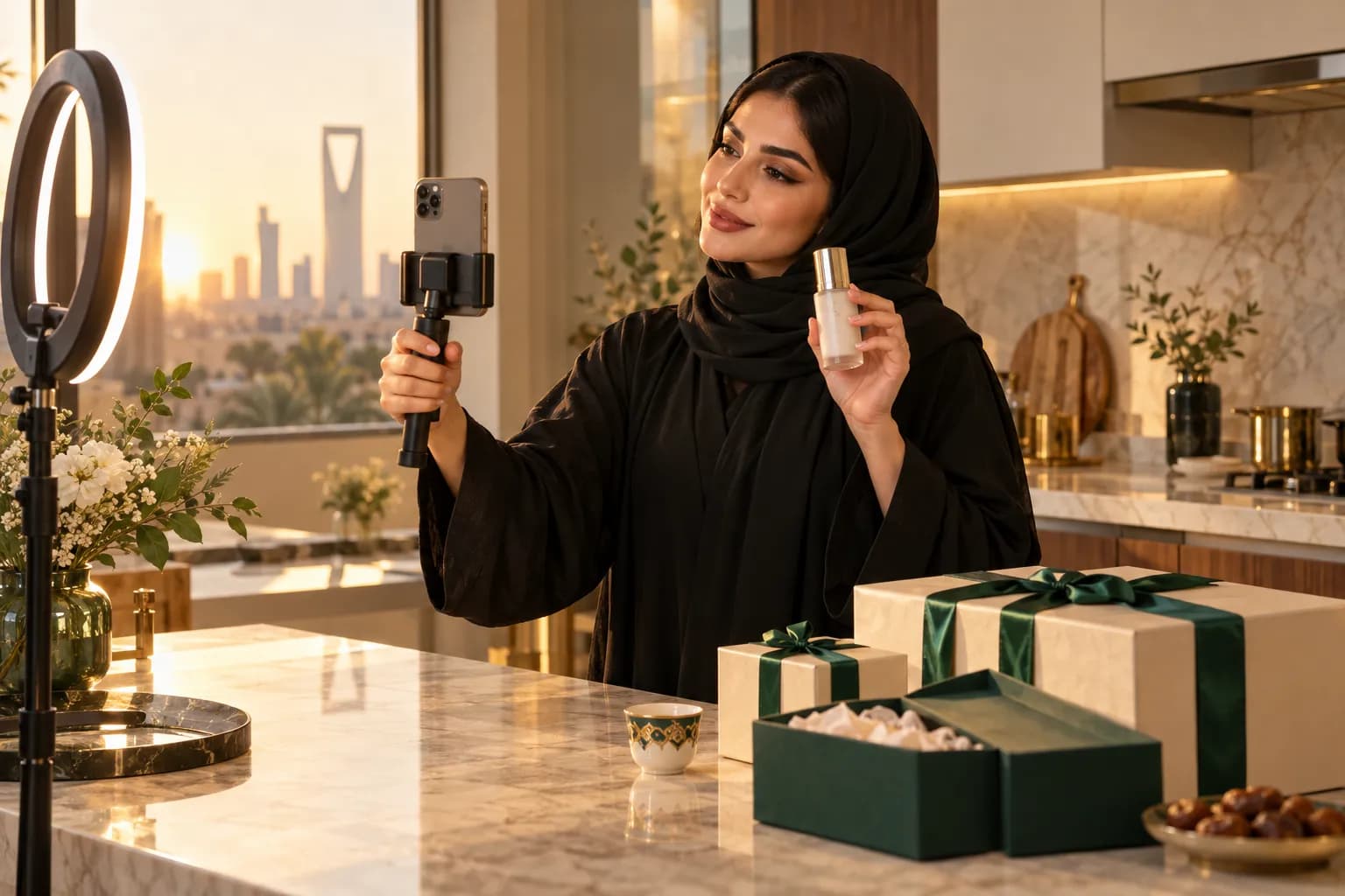 صانعة محتوى سعودية بعباءة محتشمة تصوّر قصة عمودية بالهاتف لمنتج عناية بالبشرة على طاولة مطبخ في منزل بالرياض، بجانبها إضاءة دائرية وصناديق هدايا