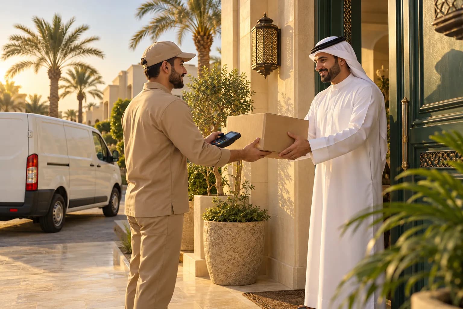 A courier handing a parcel to a smiling Kuwaiti man in a white dishdasha at the door of a villa in Kuwait City, with a card terminal in hand