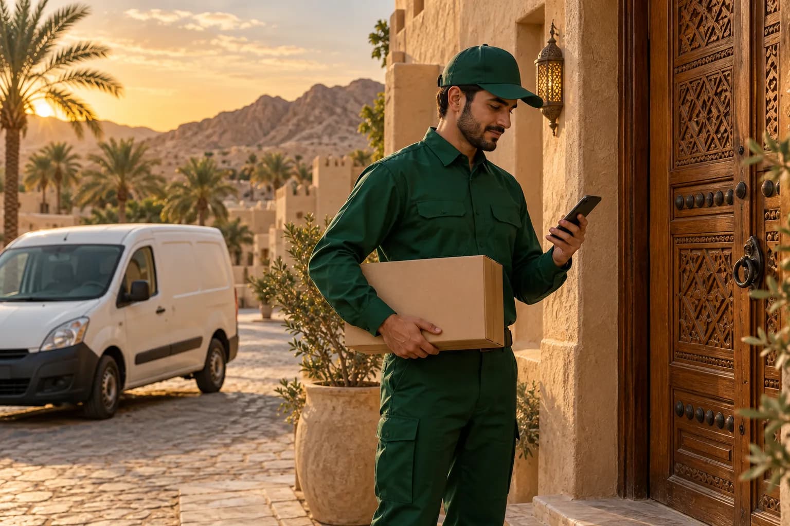 مندوب توصيل سعودي يتحقق من العنوان المختصر على هاتفه أمام بيت بلون الرمل في بلدة سعودية صغيرة، وخلفه سيارة توصيل بيضاء