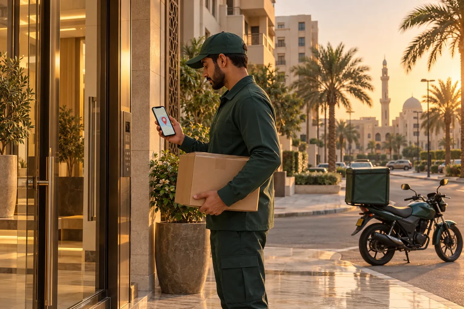 مندوب توصيل بزي بسيط يتحقق من الموقع على الخريطة في هاتفه عند مدخل مبنى سكني متوسط الارتفاع في الشارقة، ويحمل طردًا