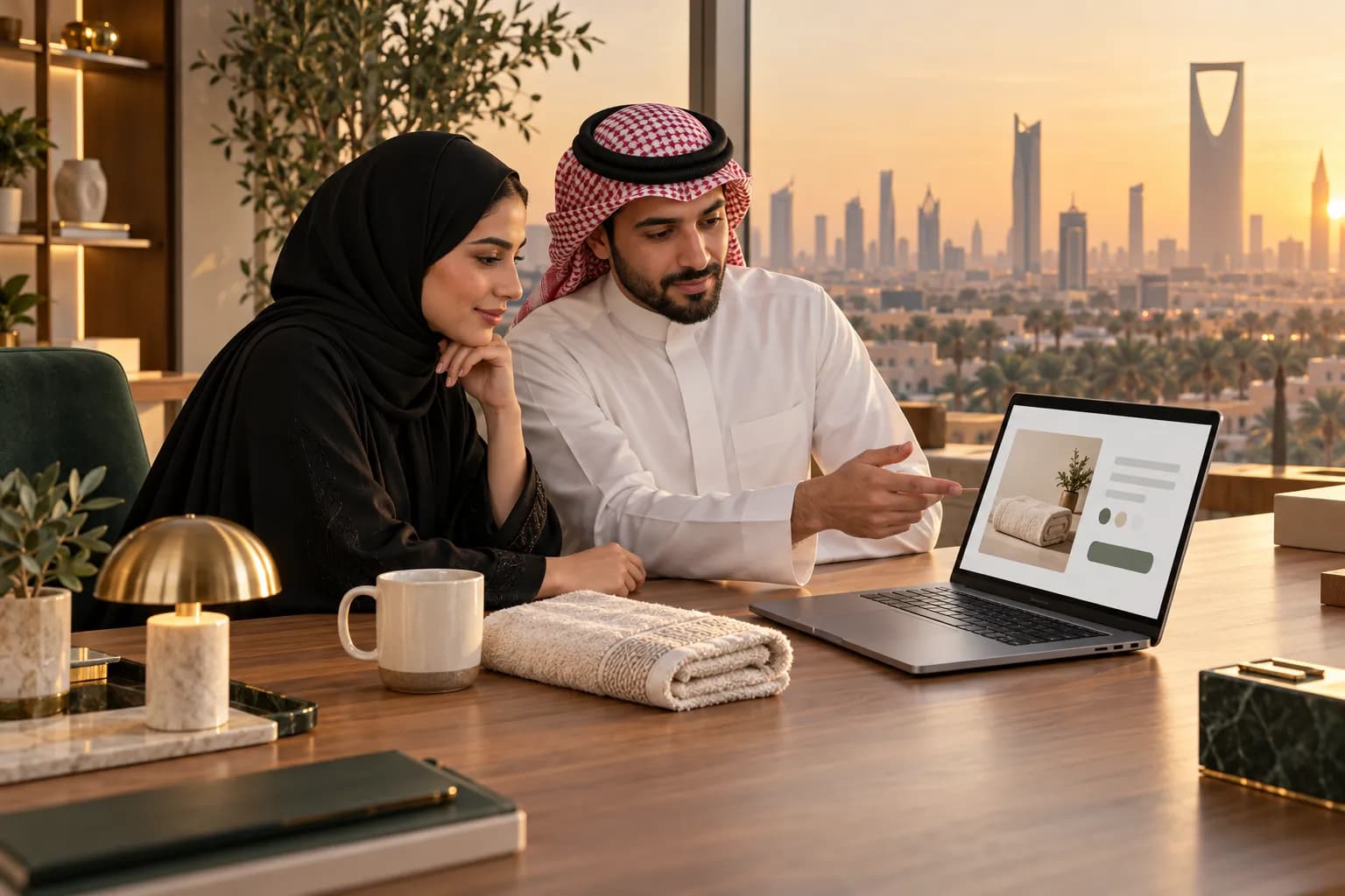 A Saudi brand owner and an agency specialist in a Riyadh office comparing an Arabic product listing on a laptop with product samples on the desk