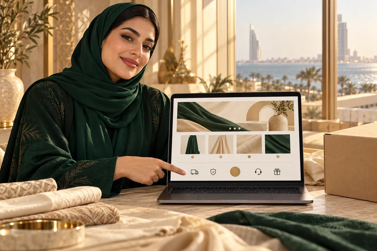 صاحبة متجر سعودية في استوديو مضيء بجدة تشير إلى ختم توثيق صغير في تذييل صفحة متجر إلكتروني على شاشة اللابتوب