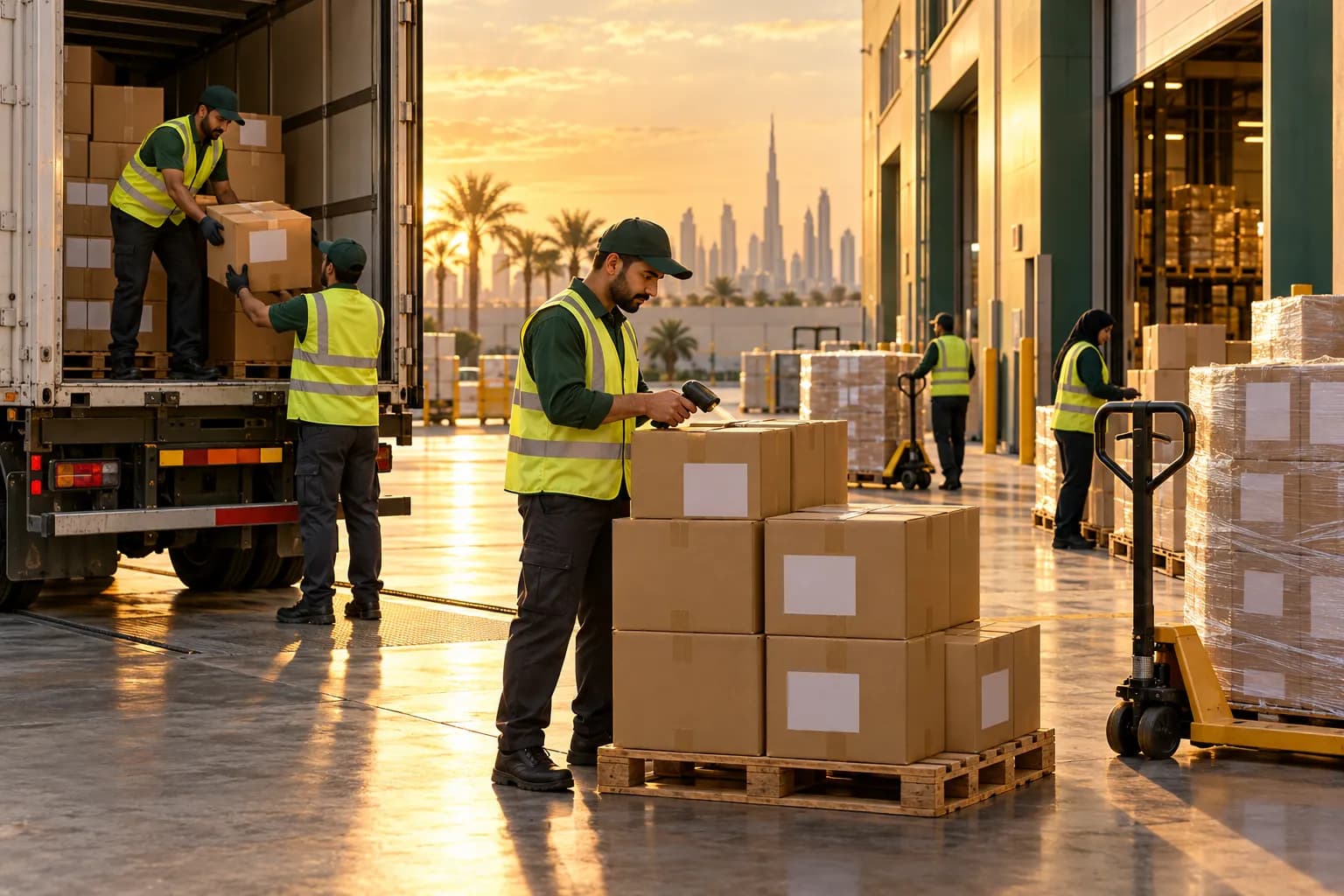 Warehouse staff in hi-vis vests scanning and unloading neatly labelled cartons from a truck at a Gulf fulfilment centre dock at golden hour