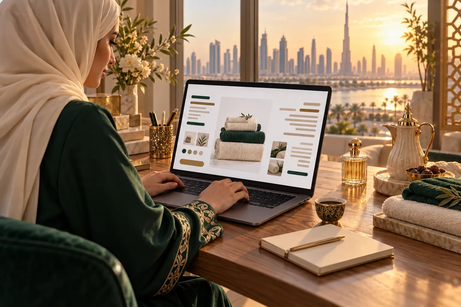 A Gulf seller at a laptop writing a product page with Arabic text on one side and English on the other, product samples on the desk