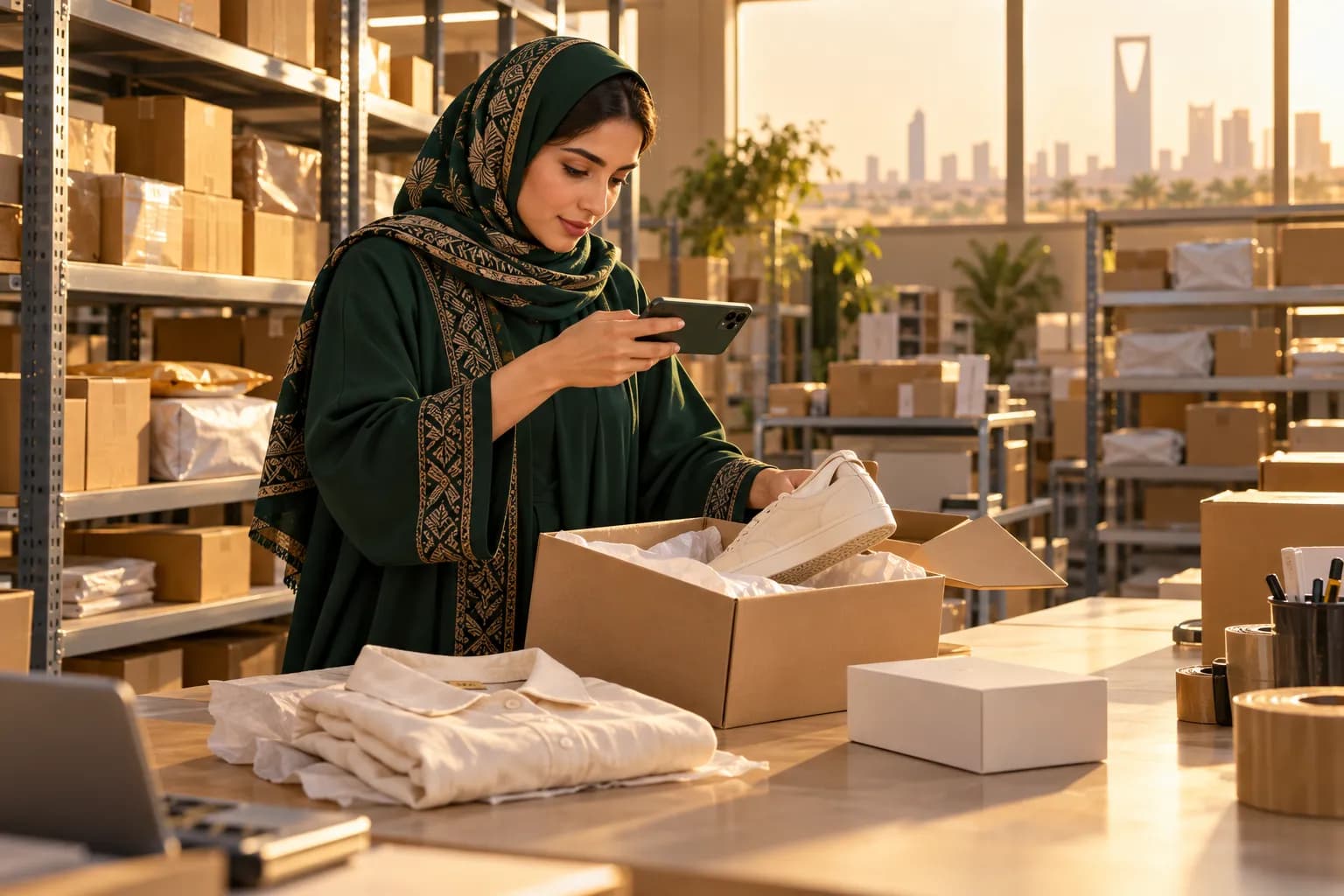موظفة في مستودع بالرياض تفحص علبة حذاء مرتجعة على طاولة تغليف مضيئة، وخلفها طرود مرتجعة مرتبة على الرفوف